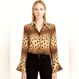 Rare Vintage ROBERTO CAVALLI Sheer Leopard Silk Chiffon Blouse Sequined Trim L